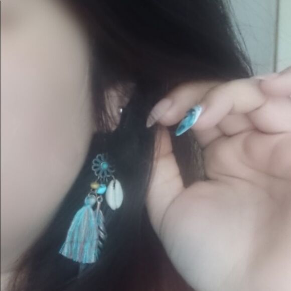 Flower Feather Boho Cowrie Shell Earrings (g3 - Picture 5 of 8